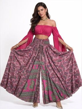 Paisley Super Wide Leg Palazzo Pants Women SZ OS Eclectic Carefree Gypsy Fairy